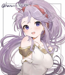 1girl bare_shoulders blush breasts dress fire_emblem fire_emblem:_genealogy_of_the_holy_war haru_(nakajou-28) headband highres long_hair looking_at_viewer medium_breasts nintendo open_mouth purple_eyes purple_hair simple_background smile solo tailtiu_(fire_emblem) upper_body