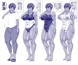 1girl abs amazon_(taitaitaira) bare_arms bare_legs bare_shoulders barefoot breasts character_profile commentary_request competition_swimsuit completely_nude full_body highres huge_nipples japanese_text large_breasts large_nipples looking_at_viewer looking_to_the_side monochrome multicolored_hair muscular muscular_female natsumi_(amazon) nude one-piece_swimsuit original panties pants pubic_hair sandals shirt short_hair simple_background sports_bra streaked_hair swimsuit swimsuit_tan tagme tall_female tan tanline tanned_body thick_thighs thighs tomboy translation_request underwear watch white_background
