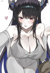 1girl absurdres alternate_costume asymmetrical_horns bare_shoulders black_bra black_hair blue_hair blush bra breasts cleavage collarbone cowboy_shot demon_horns dongtan_dress ewn heart highres hololive hololive_english horns large_breasts long_hair meme_attire mole mole_under_eye multicolored_hair nerissa_ravencroft paid_reward_available purple_eyes simple_background solo two-tone_hair underwear uneven_horns virtual_youtuber white_background