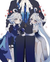 1boy 2girls absurdres ascot black_gloves black_shorts black_sleeves black_suit blue_ascot blue_bow blue_brooch blue_dress blue_eyes blue_hair blue_sash blush bow brooch cowlick dress formal_clothes furina_(genshin_impact) genshin_impact gloves gradient_ascot gradient_clothes gradient_dress hair_intakes hand_on_another&#039;s_back headpat heart heart-shaped_pupils heterochromia highres hiji_(hijichan) hug jewelry leaning_on_person light_blue_hair lolita_fashion long_hair long_sleeves looking_up mismatched_pupils multicolored_hair multiple_girls neuvillette_(genshin_impact) open_mouth ouji_fashion parted_bangs puffy_sleeves sash short_hair shorts sidelocks streaked_hair suit symbol-shaped_pupils thigh_strap thighs white_ascot white_background white_dress