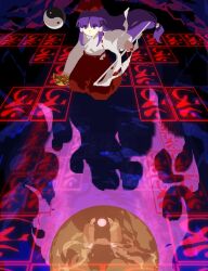 Rule 34 | 1girl, :o, blue background, bow, fighting, fire, full body, gohei, hair bow, hair tubes, hakama, hakurei reimu, hakurei reimu (pc-98), highly responsive to prayers, highres, holding, holding gohei, holding ofuda, japanese clothes, kaigen 1025, kikuri (touhou), kimono, long hair, long sleeves, low-tied long hair, miko, no lineart, ofuda, orb, parted lips, purple eyes, purple fire, purple hair, red bow, red hakama, short kimono, touhou, touhou (pc-98), very long hair, white kimono, wide sleeves, yin yang, yin yang orb