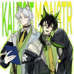 2boys :d aaa_shenmi_zuo_fan_ren animal_ears arknights armband belt_collar black_coat black_hair black_shirt brown_collar cat_boy cat_ears character_name chinese_commentary clipboard closed_mouth coat collar collared_shirt colored_tongue commentary_request expressionless extra_ears fangs genderswap genderswap_(ftm) green_eyes green_hair green_shirt green_tongue green_vest hair_between_eyes hair_over_shoulder hand_up highres holding holding_clipboard jacket jewelry jitome kal&#039;tsit_(arknights) lab_coat long_hair long_sleeves looking_at_viewer low_ponytail male_focus mon3tr_(arknights) multiple_boys necktie off_shoulder open_clothes open_coat open_jacket open_mouth parted_bangs ponytail ring shirt sidelocks sleeves_past_fingers sleeves_past_wrists smile stethoscope tareme teeth tie_clip torn_clothes torn_necktie upper_body vest white_background white_coat white_jacket yellow_necktie