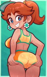 1girl bikini blue_eyes breasts brown_hair cameltoe commentary crop_top dark-skinned_female dark_skin earrings english_commentary flower_earrings grabbing_own_ass hat highres jewelry large_breasts long_hair looking_at_viewer looking_back mario_(series) mario_kart mario_kart_world nintendo orange_shirt orange_shorts ponytail princess_daisy princess_daisy_(swimwear)_(mario_kart_world) shirt shorts smile solo standing swimsuit tan teeth tsuvida visor_cap white_hat