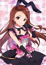 Rule 34 | 1girl, animal ears, asymmetrical bangs, black bow, black bowtie, black dress, black gloves, bow, bowtie, brown hair, closed mouth, detached collar, dress, elbow gloves, floating hair, gloves, hair bow, highres, hikono, idolmaster, idolmaster (classic), long hair, looking at viewer, minase iori, pink bow, rabbit ears, red eyes, sleeveless, sleeveless dress, smile, solo, underbust, very long hair, white bow
