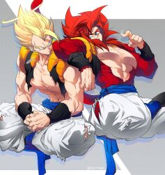 Rule 34 | blue eyes, blue sash, closed mouth, dougi, dragon ball, dragon ball gt, dragonball z, gogeta, male focus, metamoran vest, monkey boy, monkey tail, multiple boys, muscular, muscular male, ommmyoh, open mouth, pants, red fur, saiyan, sash, spiked hair, super saiyan, super saiyan 1, super saiyan 4, tail, twitter username