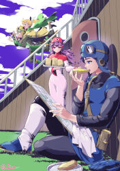 &gt;_&lt; 2boys 2girls absurdres artist_name aviator_cap belt black_bodysuit black_hair black_pants blonde_hair blue_eyes blue_gloves blue_hat blue_shoes blue_sky blue_tunic bodysuit boots bow bread bread_slice brown_belt brown_boots cape cloud commentary_request cousins cup curly_hair door dragon_quest dragon_quest_ii eating floating_clothes floating_hair food gloves goggles goggles_on_headwear grass green_cape green_gloves green_tabard hair_bow hat high_heel_boots high_heels highres holding holding_food holding_map holding_telescope holding_tray hug leg_up legs_up map multiple_boys multiple_girls napkin on_grass open_mouth orange_cape pants pink_eyes pink_hood pink_trim plate ponytail prince_of_lorasia prince_of_samantoria princess_of_moonbrook princess_of_samantoria profile purple_hair railing robe roto&#039;s_emblem shey93735903 shoes short_hair sitting sky smile tabard tackle telescope tray tunic unworn_gloves white_bow white_robe wide-eyed yellow_tunic