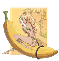 1girl animal_ears banana bananajuju bikini blonde_hair brown_eyes food fruit highres indie_virtual_youtuber leaf_bikini leg_tattoo licking_fruit long_hair looking_at_viewer mayank monkey_ears monkey_girl plant_clothing solo swimsuit tattoo tongue tongue_out tribal_tattoo virtual_youtuber zoom_layer