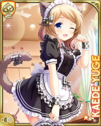 1girl ;d animal_ears apron black_dress black_thighhighs blonde_hair blue_eyes bow cafe card cat_ears cat_tail character_name cleavage_cutout clothing_cutout day dress fake_animal_ears fake_tail girlfriend_(kari) indoors maid_apron maid_headdress official_art one_eye_closed open_mouth plaid_bow qp:flapper smile solo tagme tail thighhighs white_bow yuge_kaede