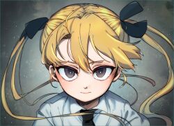 Rule 34 | 1girl, black eyes, black necktie, black ribbon, blonde hair, blush, closed mouth, hair ribbon, highres, kill me baby, komewatari, long hair, looking at viewer, necktie, ribbon, shirt, solo, sonya (kill me baby), twintails, upper body, white shirt