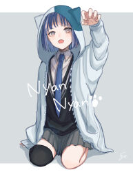 1girl absurdres animal_ear_hood black_sweater_vest black_thighhighs blue_hair blue_necktie bright_pupils claw_pose collared_shirt commentary_request fake_animal_ears fang grey_eyes grey_skirt highres hood hood_up hooded_jacket jacket kneeling looking_at_viewer multicolored_hair necktie open_mouth original paw_print pillarboxed pleated_skirt shirt signature single_thighhigh skirt solo streaked_hair sweater_vest thighhighs two-tone_hair white_hair white_jacket white_pupils white_shirt yoruse
