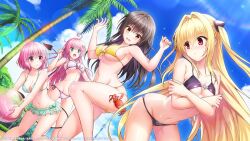 4girls ahoge artist_request ass ball bare_arms bare_legs bare_shoulders beachball bikini black_hair blonde_hair blue_sky blush breasts cleavage crab_on_leg demon_tail dolphin_wave green_eyes hair_intakes hair_ornament highres konjiki_no_yami kotegawa_yui lala_satalin_deviluke long_hair medium_breasts momo_velia_deviluke multiple_girls navel official_art palm_tree pink_eyes pink_hair pleated_skirt red_eyes short_hair skirt sky string_bikini sweatdrop swimsuit tail to_love-ru tree twintails very_long_hair yellow_eyes