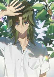 Rule 34 | 1boy, arm at side, arm out of frame, blue eyes, bug, day, facing viewer, fujiwara yuusuke, green hair, hand over face, hand up, hot, leaf, light particles, looking at viewer, male focus, outdoors, parted bangs, partially unbuttoned, polo shirt, shirt, sweat, sweatdrop, torinomaruyaki, tree, under tree, upper body, watermark, white background, white shirt, yu-gi-oh!, yu-gi-oh! gx