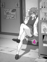 1girl bag commentary_request foot_up full_body glasses greyscale highres implied_vibrator kakuremino7928 large_variant_set long_sleeves loose_socks medium_hair miniskirt monochrome open_mouth original outdoors public_restroom pussy_juice semi-rimless_eyewear shirt shoes shoulder_bag skirt socks solo speech_bubble standing standing_on_one_leg sweater_vest trembling under-rim_eyewear variant_set