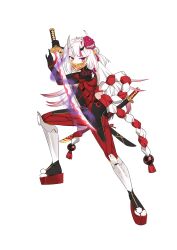absurdres bell bodysuit cosplay cyborg genji_(overwatch) genji_(overwatch)_(cosplay) hair_bell hair_ornament highres hololive horns katana mask mask_on_head mechanical_legs multicolored_hair nakiri_ayame oni oni_mask overwatch ribbed_bodysuit silvertang streaked_hair sword virtual_youtuber weapon
