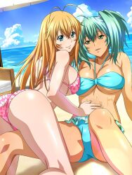 2girls antenna_hair aqua_hair bare_arms bare_legs beach bikini blonde_hair blue_bikini blue_eyes blue_sky breasts cleavage closed_mouth cloud collarbone day floral_print frilled_bikini frills green_eyes hair_between_eyes halterneck hand_on_another&#039;s_stomach highres ikkitousen kneeling large_breasts leaning_back leaning_forward long_hair lu_bu multiple_girls ocean open_mouth outdoors pink_bikini print_bikini ryofu_housen shiny_skin sideboob sitting sky smile sonsaku_hakufu straight_hair sun_ce swimsuit underboob yuri