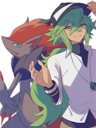 1boy 1other animal_ears baseball_cap black_fur black_hair black_undershirt blue_eyes body_fur claws closed_mouth furry gen_5_pokemon green_hair grey_eyes grey_fur hair_between_eyes hat highres jewelry long_hair looking_at_viewer male_focus multicolored_hair n_(pokemon) neck_fur necklace nintendo pokemon pokemon_(creature) pokemon_bw ponytail red_fur red_hair shirt simple_background standing two-tone_fur two-tone_hair undershirt upper_body very_long_hair white_background white_shirt zero_(sleepy_meltan) zoroark
