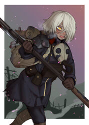 Rule 34 | 1girl, absurdres, bag, bayonet, belt pouch, black coat, blood, blood on clothes, bloody weapon, blush, breasts, coat, dark-skinned female, dark skin, ebonyxh, eyes visible through hair, freckles, gas mask, gun, hair over one eye, highres, holding, holding gun, holding weapon, mask, messy hair, musket, open mouth, outdoors, pouch, ringed eyes, safety pin, short hair, simple background, small breasts, solaria (ebonyxh), steaming body, sweat, tongue, very sweaty, warhammer 40k, weapon, white background, white hair, yellow eyes