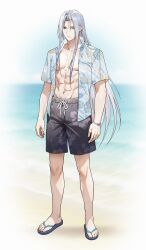 Rule 34 | 1boy, abs, alternate costume, aqua eyes, aqua shoes, beach, black male swimwear, bracelet, closed mouth, collared shirt, final fantasy, final fantasy vii, floral print, flower bracelet, full body, grey hair, hair between eyes, hawaiian shirt, hibiscus print, highres, jewelry, leaf print, long bangs, long hair, male focus, male swimwear, morikawaimori, muscular, muscular male, navel, open clothes, open shirt, parted bangs, pectorals, print shirt, sandals, sephiroth, shirt, shoes, solo, standing