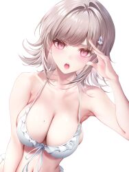 1girl absurdres arm_up bare_arms bikini blurry blurry_background breasts cleavage collarbone commentary danganronpa_(series) danganronpa_2:_goodbye_despair frilled_bikini frills grey_hair grey_sky halterneck highres junpaku_karen large_breasts looking_at_viewer medium_hair mole mole_on_breast nanami_chiaki navel open_mouth pink_eyes pink_hair salute short_hair simple_background skindentation sky solo spaceship_hair_ornament stomach swimsuit teeth upper_body upper_teeth_only white_background white_bikini