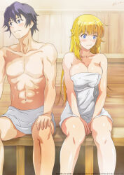1boy 1girl abs black_hair blonde_hair blue_eyes blush breasts closed_mouth commentary_request feet_on_desk highres large_breasts long_hair naked_towel nolia red_(shin_no_nakama) rit_(shin_no_nakama) sauna shin_no_nakama_janai_to_yuusha_no_party_wo_oidasareta_no_de_henkyou_de_slow_life_suru_koto_ni_shimashita sitting steam topless_male towel translation_request