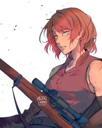 1girl bare_shoulders black_pants brown_hair brown_shirt collared_shirt commentary courier_(fallout:_new_vegas) fallout fallout:_new_vegas freckles green_eyes gun milramemo noelle_(milramemo) pants parted_lips rifle scope shirt signature simple_background sleeveless sleeveless_shirt sniper_rifle solo twitter_username weapon white_background