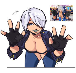 1girl angel_(kof) blue_eyes breasts cleavage dynablade2 fingerless_gloves gloves large_breasts looking_at_viewer short_hair teeth the_king_of_fighters the_king_of_fighters_xv white_hair