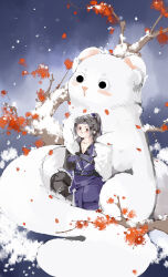 Rule 34 | 1boy, absurdres, animal, animal hug, autumn leaves, black eyes, black gloves, black hair, black pants, blue hanfu, blue headband, bracer, branch, chinese clothes, closed mouth, collarbone, crossed arms, falling leaves, ferret, full body, gloves, hanfu, happy, hashtag-only commentary, headband, highres, jianxia qingyuan (series), jianxia qingyuan online 3, knee up, leaf, light blush, long hair, looking at viewer, male focus, night, night sky, noumin kanren no skill bakka agetetara nazeka tsuyoku natta., outdoors, oversized animal, pants, pectoral cleavage, pectorals, ponytail, sky, smile, snowing, standing, yi tianran dai