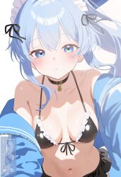 1girl absurdres anchor_(innocent_maid)_(nikke) anchor_(nikke) bare_shoulders bikini black_bikini blue_eyes blue_hair blue_jacket blush breasts choker collarbone front-tie_bikini_top front-tie_top goddess_of_victory:_nikke hair_intakes highres jacket kotha_art long_hair looking_at_viewer maid maid_bikini maid_headdress navel official_alternate_costume official_alternate_hairstyle ponytail sidelocks small_breasts solo swimsuit unconventional_maid