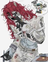 Rule 34 | 1boy, 1girl, aleph (reverse:1999), black gloves, black mask, covered face, cowboy shot, english text, envelope, gloves, hand up, haniwa15, holding, holding pen, imagining, male focus, pants, paper, pen, recoleta (reverse:1999), red hair, reverse:1999, shirt, solo focus, speech bubble, thought bubble, white background, white pants, white shirt