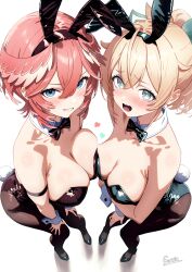 2girls alternate_costume animal_ear_hairband animal_ears aqua_eyes arm_strap arm_under_breasts bare_shoulders black_bow black_bowtie black_leotard black_pantyhose blonde_hair blue_eyes blush bow bowtie breast_press breasts cleavage curio_(curiofinity) detached_collar fake_animal_ears fake_tail feathered_wings foreshortening from_above hair_between_eyes hairband head_wings highres hololive kazama_iroha large_breasts leotard looking_at_viewer multiple_girls open_mouth pantyhose pink_hair playboy_bunny ponytail rabbit_ear_hairband rabbit_ears rabbit_tail simple_background strapless strapless_leotard symmetrical_docking tail takane_lui virtual_youtuber white_background white_wrist_cuffs wings wrist_cuffs