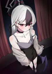Rule 34 | 1girl, absurdres, bare shoulders, black bow, black choker, black dress, black shoes, blue archive, blush, bow, cardigan, choker, closed mouth, crossed bangs, demon girl, demon horns, demon wings, dress, ear piercing, hair behind ear, hair between eyes, hair bow, highres, horns, kayoko (blue archive), kayoko (dress) (blue archive), long hair, looking at viewer, multicolored hair, official alternate costume, official alternate hairstyle, piercing, pueichigo, red eyes, shoes, sidelocks, single wing, sleeveless, sleeveless dress, sleeves past wrists, solo, two-tone hair, white hair, wings, yellow cardigan