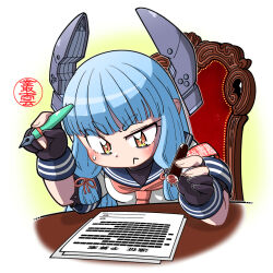 1girl black_gloves blue_hair blunt_bangs chair commentary_request dress gloves headgear highres inkan kantai_collection murakumo_(kancolle) nib_pen_(object) orange_eyes paper partially_fingerless_gloves pen sailor_dress shin_(shin_k009) solo upper_body