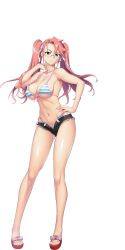 1girl bikini blue_bikini breast_press breasts cleavage collarbone crossover curvy feet front-tie_bikini_top front-tie_top glasses green_eyes hair_ribbon highres highschool_of_the_dead large_breasts looking_at_viewer multicolored_bikini navel official_art open_mouth pink_hair ribbon satou_shouji side-tie_bikini_bottom smile solo stomach swimsuit taimanin_(series) taimanin_rpgx takagi_saya thick_thighs thighs twintails two-tone_bikini underboob white_bikini white_ribbon wide_hips