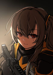1girl black_background black_jacket brown_eyes brown_hair collared_shirt commentary_request contrast_collar crossed_bangs double-parted_bangs face_in_shadow girls&#039;_frontline gradient_background gun h&amp;k_ump hair_between_eyes holding holding_weapon hood hood_down hooded_jacket jacket long_hair long_sleeves looking_at_viewer macchiato_(jae-min_cho) neck_ribbon one_side_up ribbon scar scar_across_eye scar_on_face shirt sidelocks solo submachine_gun two-sided_fabric two-sided_jacket ump45_(girls&#039;_frontline) upper_body weapon white_shirt yellow_jacket
