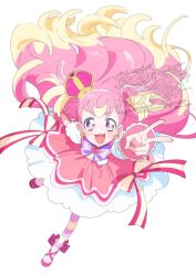Rule 34 | 1girl, blonde hair, boots, bow, bow earrings, bowtie, bright pupils, brooch, circle skirt, colored tips, crown, cure wonderful, dot nose, dress, dress bow, earrings, eyelashes, fingernails, floating clothes, floating hair, footwear bow, frilled sleeves, frills, full body, happy, hat ornament, heart, heart brooch, heart hat ornament, highres, inukai komugi, jewelry, lace-trimmed wrist cuffs, lace trim, leaning forward, light blush, long hair, magical girl, mini crown, miniskirt, multicolored hair, open mouth, outstretched arm, pantyhose, pink boots, pink bow, pink brooch, pink crown, pink dress, pink eyes, pink hair, pink pantyhose, pink wrist cuffs, precure, puffy short sleeves, puffy sleeves, purple bow, purple bowtie, serizawa serizane, short dress, short sleeves, simple background, single stripe, skirt, skirt under dress, smile, solo, streaked hair, striped bow, striped bowtie, striped clothes, striped pantyhose, tareme, two-tone hair, two-tone pantyhose, two side up, v, very long hair, wavy hair, white background, white skirt, white sleeves, wonderful precure!, wrist cuffs, yellow bow, yellow pantyhose, yellow pupils