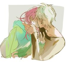 1boy 1girl alien_stage black_shirt earrings green_shirt grey_hair jewelry jsuh_och kiss long_hair mizi_(alien_stage) pink_hair shirt short_hair simple_background single_earring till_(alien_stage) v