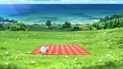 beach blue_sky bouquet bush cloud cloudy_sky day dirt_road flower forest grass highres hill horizon large_variant_set nature no_humans non-web_source our_life:_beginnings_and_always outdoors picnic_blanket poppy_(flower) road scenery sky too_many_flowers variant_set