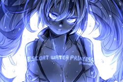 1girl abyssal_ship blue_eyes blue_theme breast_pocket breasts character_name cleavage close-up colored_skin commentary_request escort_water_princess kantai_collection large_breasts long_hair looking_at_viewer open_clothes open_mouth open_shirt oso_(toolate) pale_skin pocket shirt simple_background solo twintails twitter_username water_drop wet wet_clothes wet_face white_hair white_skin