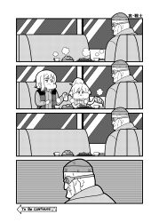 Rule 34 | 1girl, 2boys, 4koma, absurdres, bask om, ben-day dots, comic, commentary request, crying, cup, deux murasame, eating, exasperation, food, gates capa, goggles, greyscale, gundam, gundam gquuuuuux, hat, highres, holding, holding food, holding pizza, implied death, indoors, koutarosu, light smile, monochrome, multiple boys, pizza, puffy cheeks, remembering, restaurant, sad, screentones, silent comic, sleeveless, sleeveless turtleneck, snot, spoilers, steaming food, streaming tears, sweater, teacup, tears, the legend of zelda, the legend of zelda: tears of the kingdom, to be continued, turtleneck, turtleneck sweater, vest