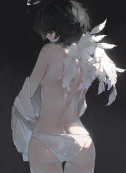 1girl absurdres ass bare_back bare_shoulders black_hair blush feathered_wings from_behind fuunyon hair_over_eyes halo highres no_bra original panties parted_lips shirt solo underwear undressing white_halo white_panties white_shirt wings