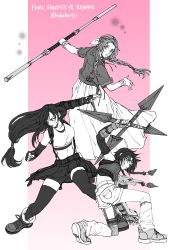 3girls absurdres aerith_gainsborough asymmetrical_legwear bangle bare_shoulders black_bra black_hair black_skirt black_thighhighs boots bra bracelet braid braided_ponytail breasts clenched_hand crop_top cropped_jacket dress earrings elbow_gloves fighting_stance final_fantasy final_fantasy_vii final_fantasy_vii_remake fingerless_gloves fishnet_thighhighs fishnets full_body gloves hair_ribbon headband highres holding holding_shuriken holding_staff holding_weapon jewelry large_breasts leg_warmers long_dress long_hair looking_at_viewer looking_back looking_to_the_side low-tied_long_hair medium_breasts midriff multiple_girls ninja_(final_fantasy) on_one_knee open_mouth parted_bangs parted_lips pink_background pleated_skirt ribbon shoes short_hair short_shorts short_sleeves shorts shuriken sidelocks skirt smile sneakers sports_bra spot_color staff suspenders takako_(digital13) thighhighs tifa_lockhart twitter_username underwear wavy_hair weapon yuffie_kisaragi zettai_ryouiki