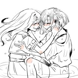 2girls between_legs blush closed_eyes commentary_request facing_another floating_hair greyscale hair_ribbon hand_on_another&#039;s_face highres inoue_takina long_hair lycoris_recoil lycoris_uniform monochrome multiple_girls nishikigi_chisato one_side_up open_mouth ribbon sakurada_en short_hair short_sleeves shorts smile wet wet_clothes yuri