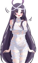 1girl @_@ absurdres alternate_costume arms_at_sides bandaged_arm bandaged_chest bandaged_leg bandaged_neck bandages bare_shoulders blue_archive blunt_ends blush breasts cleavage commentary_request cowboy_shot embarrassed eyeshadow fang felice_ykr fidgeting hair_over_breasts halloween halloween_costume halo highres large_breasts long_hair looking_at_viewer makeup motion_lines mummy_costume naked_bandage navel open_mouth parted_bangs purple_eyes purple_hair purple_halo sidelocks simple_background skin_fang solo straight_hair thick_eyebrows tsurime very_long_hair white_background yukari_(blue_archive)