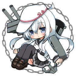 Rule 34 | 1girl, :&lt;, anchor, black sailor collar, black skirt, black thighhighs, blue eyes, chain, chibi, closed mouth, commentary, flat cap, grey hair, hair between eyes, hammer and sickle, hat, hibiki (kancolle), jacket, kantai collection, long hair, long sleeves, multicolored hair, pleated skirt, rikaon, sailor collar, shoes, simple background, skirt, solo, star (symbol), thighhighs, verniy (kancolle), white background, white hair, white hat, white jacket
