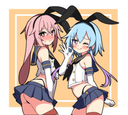 +++ 2boys ;q absurdres animal_ear_hairband animal_ears ansel_(arknights) arknights arm_behind_back artist_name ass bare_shoulders black_hairband black_neckerchief black_panties blue_background blue_hair blue_sailor_collar blue_skirt blush border bright_pupils buttons closed_mouth colored_tips contrapposto cosplay cowboy_shot crop_top cropped_shirt crossdressing elbow_gloves fake_animal_ears flying_sweatdrops from_behind gloves hairband hand_up hendra highleg highleg_panties highres kantai_collection looking_at_viewer male_focus mars_symbol microskirt midriff miniskirt mizuki_(arknights) multicolored_hair multiple_boys navel neckerchief nose_blush ok_sign one_eye_closed outside_border panties pink_hair pleated_skirt purple_background purple_eyes purple_hair rabbit_boy rabbit_ear_hairband rabbit_ears red_thighhighs sailor_collar school_uniform serafuku shimakaze_(kancolle) shimakaze_(kancolle)_(cosplay) shirt short_hair short_hair_with_long_locks sidelocks signature simple_background skirt sleeveless sleeveless_shirt smile speech_bubble spoken_mars_symbol striped_clothes striped_thighhighs thighhighs thong tongue tongue_out trap two-tone_hair underwear white_border white_gloves white_pupils white_shirt
