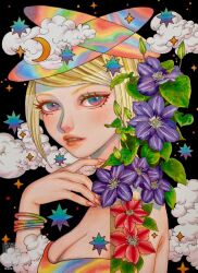 1girl black_background blonde_hair cloud crescent fingernails flower highres long_fingernails looking_at_viewer makeup multicolored_eyes open_mouth original pink_nails purple_flower red_flower short_hair solo star_(symbol) yoko_485