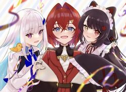 3girls ange_katrina ange_katrina_(1st_costume) animal animal_ears animal_hair_ornament animal_on_shoulder anniversary bird bird_on_shoulder blue_eyes blue_hair blue_neckerchief blurry blurry_foreground blush brown_choker brown_coat brown_hair brown_kimono cardigan choker coat colored_inner_hair commentary_request cross-laced_clothes cross-laced_sleeves crossed_bangs depth_of_field diagonal-striped_background dog_ears flower frills group_picture hair_between_eyes hair_flower hair_intakes hair_ornament hand_on_another&#039;s_shoulder haruwo heterochromia highres inui_toko inui_toko_(1st_costume) japanese_clothes kaburaki_roco kaburaki_roco_(1st_costume) kimono lize_helesta lize_helesta_(1st_costume) long_bangs long_hair long_sleeves looking_at_viewer maid_headdress multicolored_hair multiple_girls neckerchief nijisanji off_shoulder open_mouth purple_eyes red_cardigan red_eyes red_hair revision sanbaka_(nijisanji) sebastian_piyodore short_hair shrug_(clothing) sidelocks smile streamers striped_background swept_bangs triangle_hair_ornament two-tone_hair upper_body very_long_hair virtual_youtuber white_hair white_headdress white_shrug yellow_bird yellow_eyes