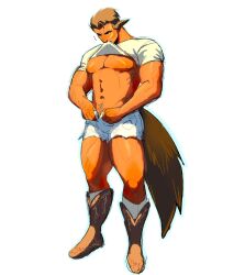 Rule 34 | 1boy, abs, bara, bare pectorals, boots, bulge, clothes in mouth, dark-skinned male, dark skin, full body, highres, knee boots, large pectorals, looking ahead, male focus, mature male, micro shorts, mikeyyangel0, mouth hold, muscular, muscular male, navel, navel hair, nipples, open fly, original, pectorals, shirt in mouth, shorts, solo, sparse arm hair, standing, stomach, tail, thick eyebrows, thick navel hair, thick thighs, thighs, thighs together, undressing, white background, wolf boy, wolf tail