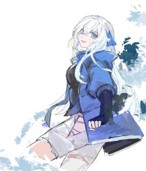 1girl asymmetrical_legwear breasts crossed_bangs denim double-parted_bangs eiyuu_densetsu floating_neckwear hair_between_eyes half_updo jacket jeans just_passerbyc kuro_no_kiseki kuro_no_kiseki_(series) kuro_no_kiseki_ii large_breasts long_hair looking_at_viewer necktie open_clothes open_jacket pants shizuna_rem_misurugi sidelocks smile solo torn_clothes torn_jeans torn_pants white_hair