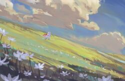amaterasu_(ookami) blue_sky cloud commentary field flower flower_field highres kaneblob on_grass ookami_(game) outdoors scenery sitting sky white_flower white_fur